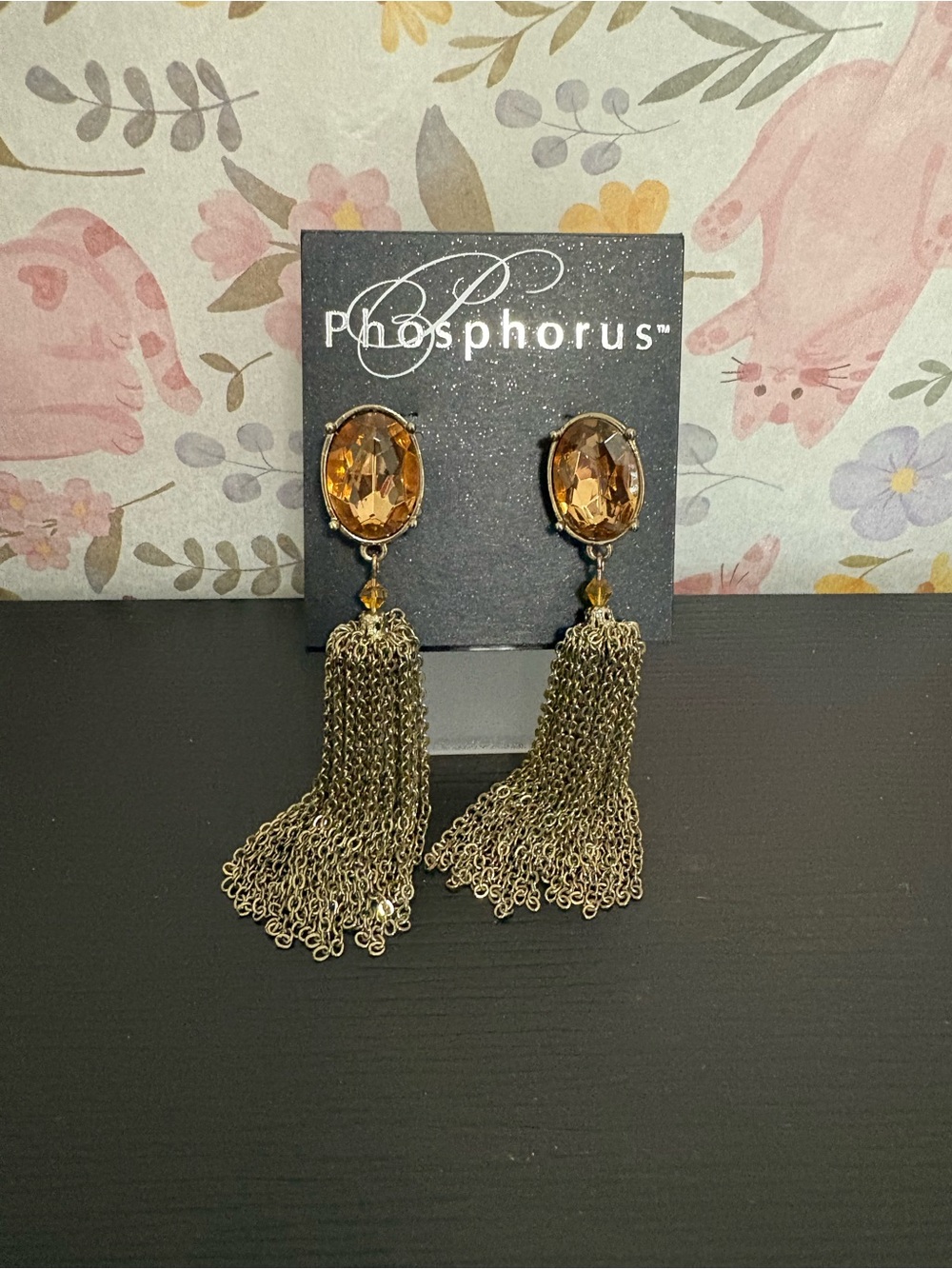 Phosphorus brand gold tone tassel earrings amber colored stone. New.
